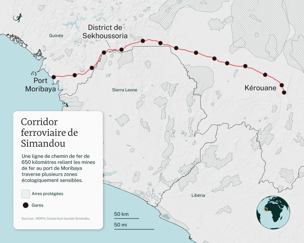 Carte du corridor ferroviaire reliant les monts Simandou au port de Moribaya